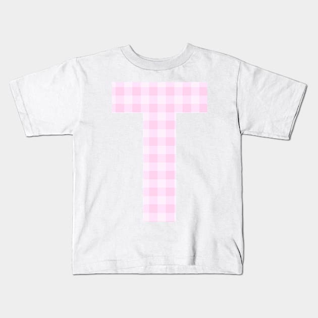 Pink Letter T in Plaid Pattern Background. Kids T-Shirt by BloomingDiaries